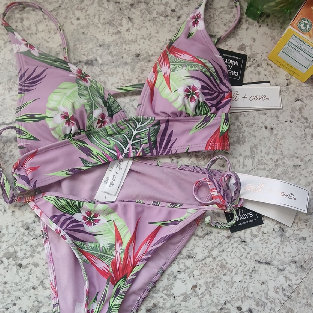 Salt + Cove Purple and Green Bikini with Tropical Print